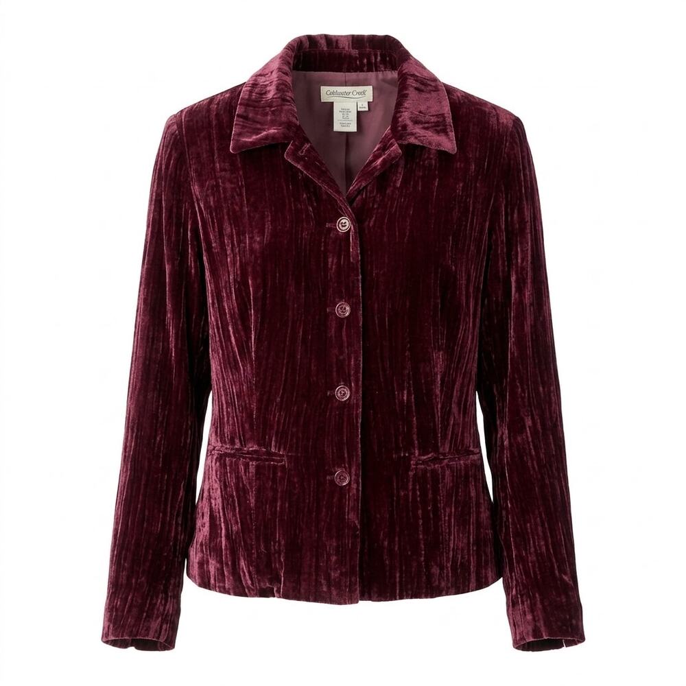 Coldwater Creek Burgundy Velvet Collared Lined Jacket Women Petite Size PS